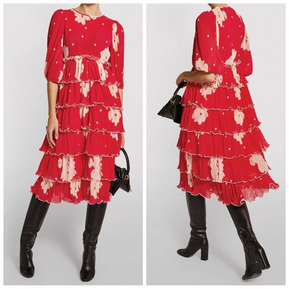 GANNI Red Pleated Tiered Midi Dress - Picture 1 of 15